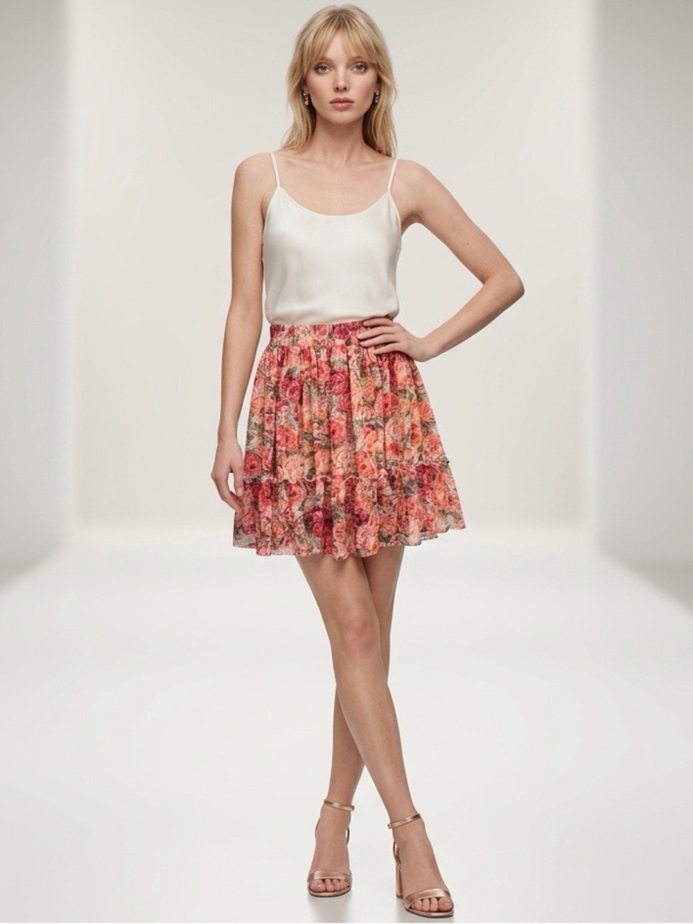Lilie Rose Paris Floral Tiered Midi Skirt Pink Rose Boho M/L